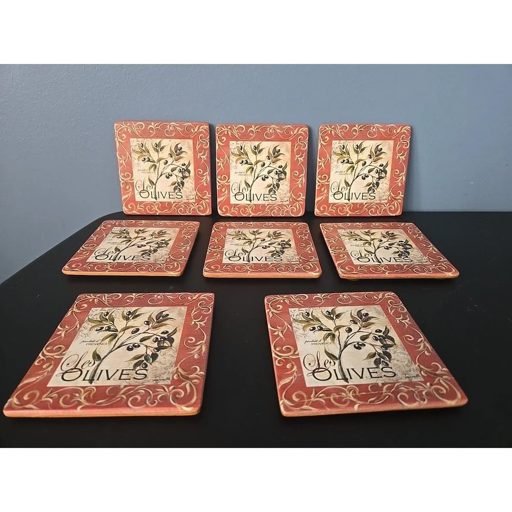Les Olives Provence‎ Wooden Coasters Set of 8  Olive Scroll